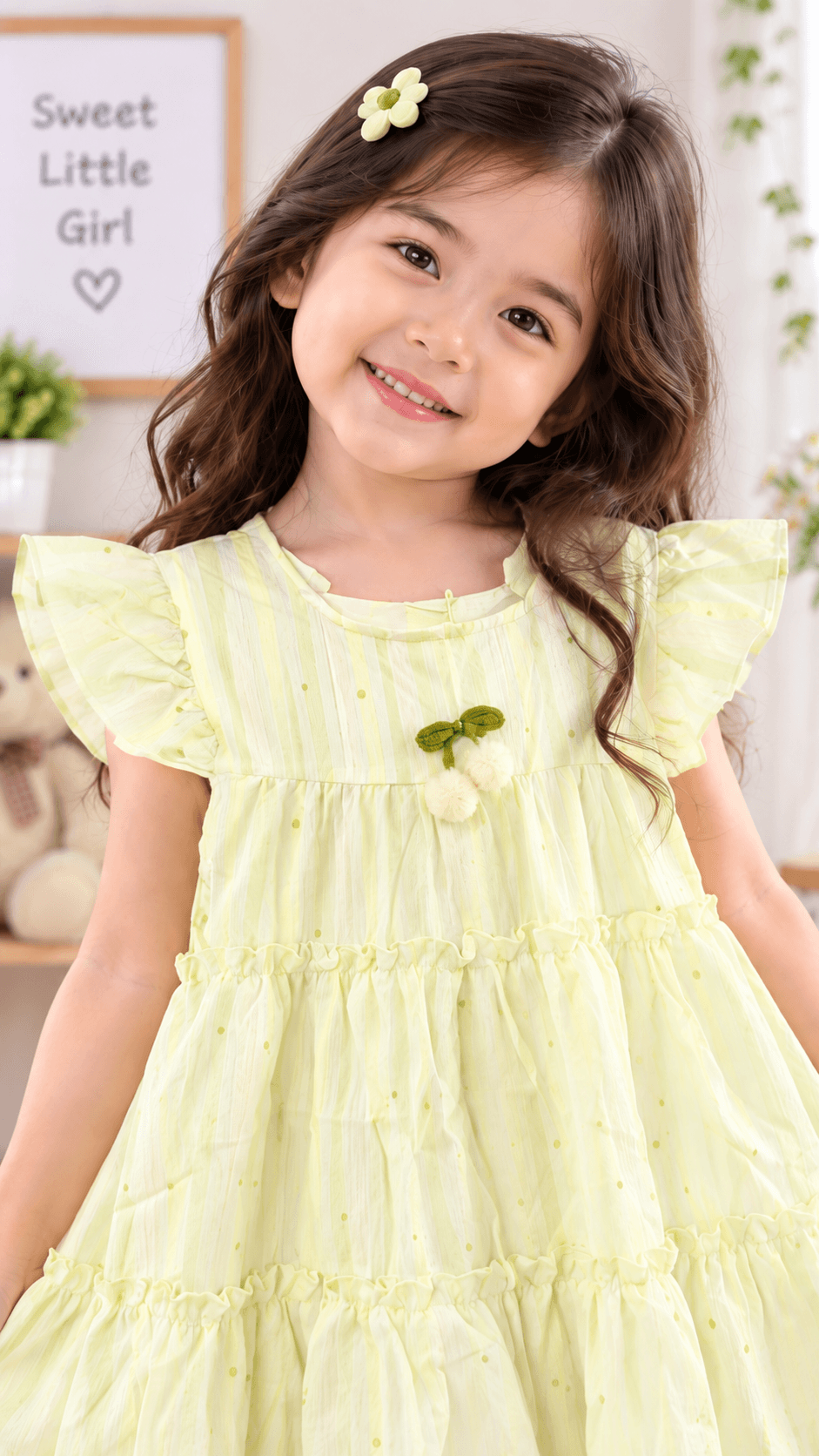 Girl wearing a comfortable light green tiered frock dress