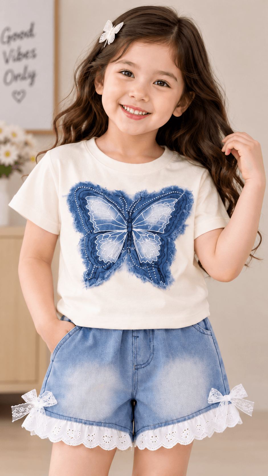 Girls cream butterfly t-shirt and denim shorts size guide illustration