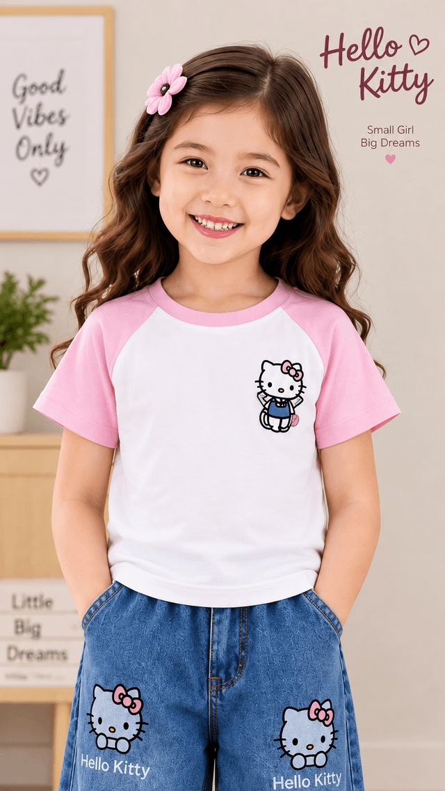 Girls Pink Character Print T-Shirt with Wide Leg Denim Pants Set (SKU P6-PB-4854-PINK)