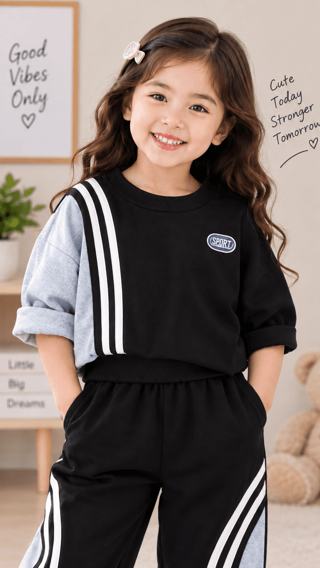 Girls Black & Grey Sporty Co-Ord Set | Stylish Casual Tracksuit for Girls (SKU P7-PB-5661-BLACK)