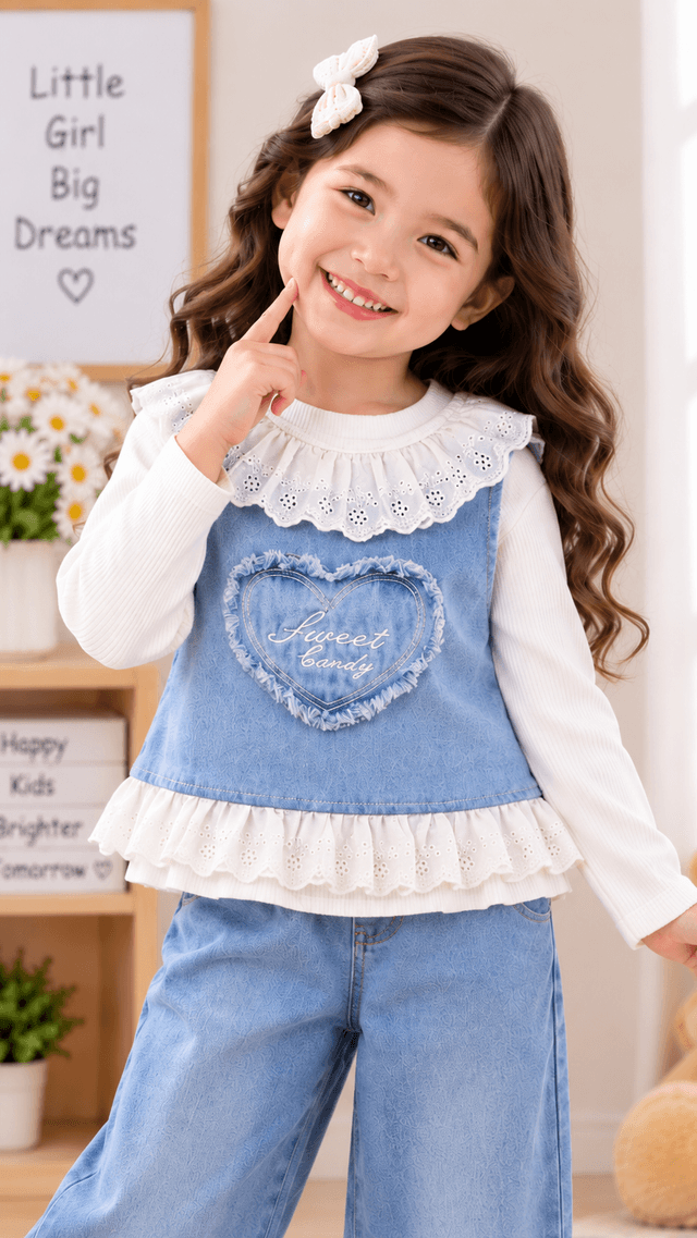 Girls Light Blue Denim 3 Piece Set with T-Shirt & Jeans (SKU P11-PB-5458-LBLUE)