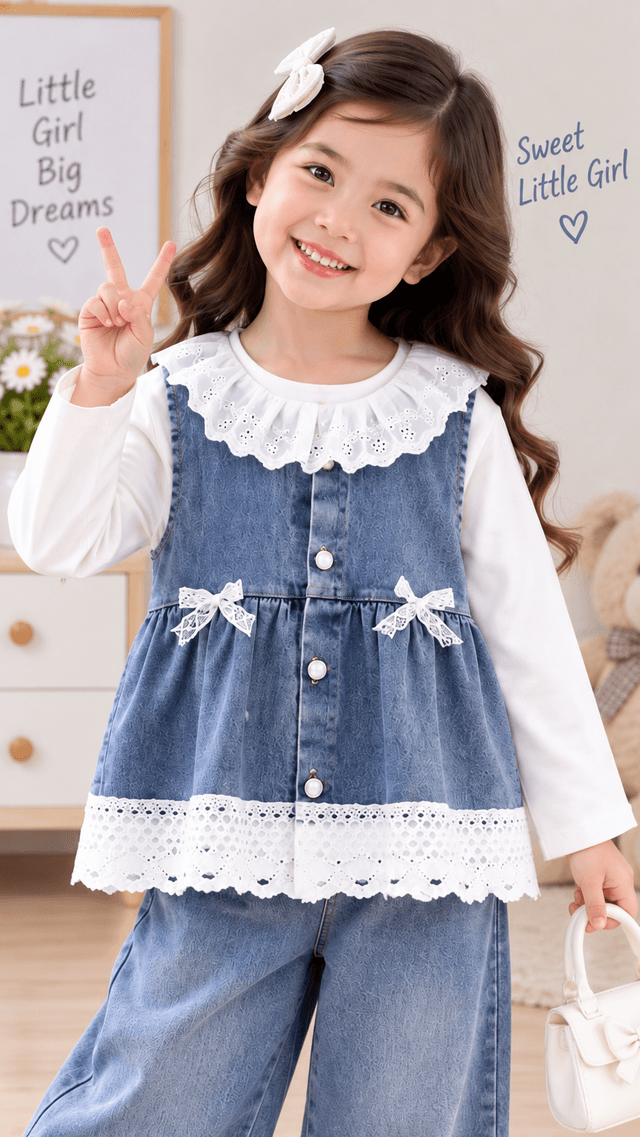 Girls Blue 3 Piece Denim Set with White T-Shirt & Jeans (SKU P12-PB-3698-BLUE)