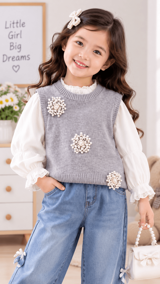 Girls Grey Knit Top with White Inner & Denim Jeans 3 Piece Set (SKU P13-PB-5697-GREY)