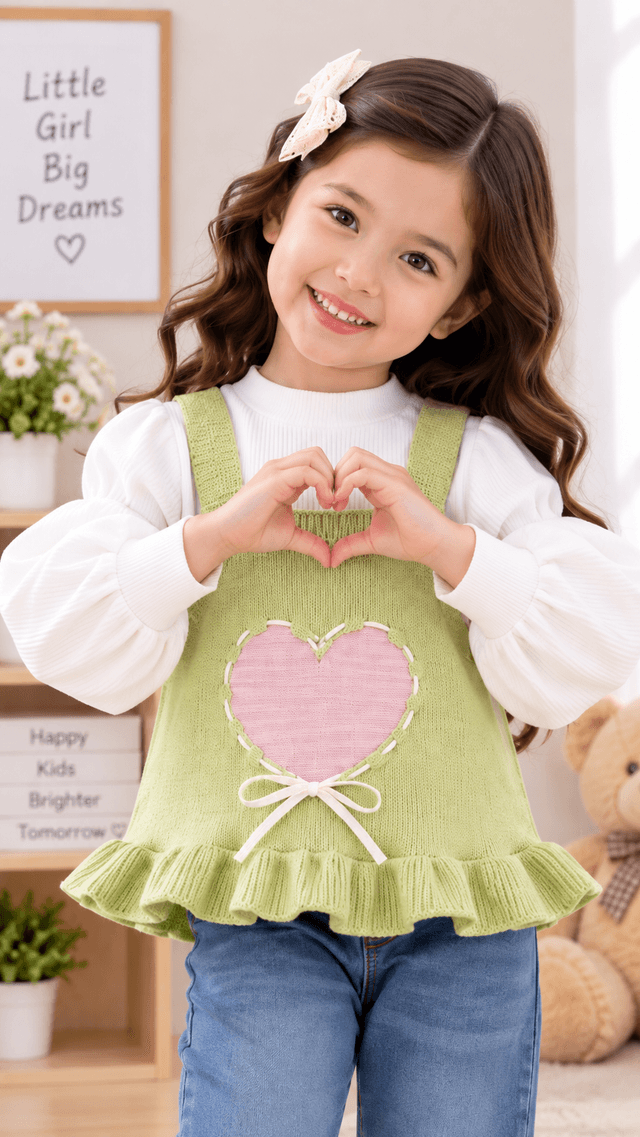 Girls Green Knit Top with White Inner & Denim Jeans 3 Piece Set (SKU P14-PB-5700-GREEN)