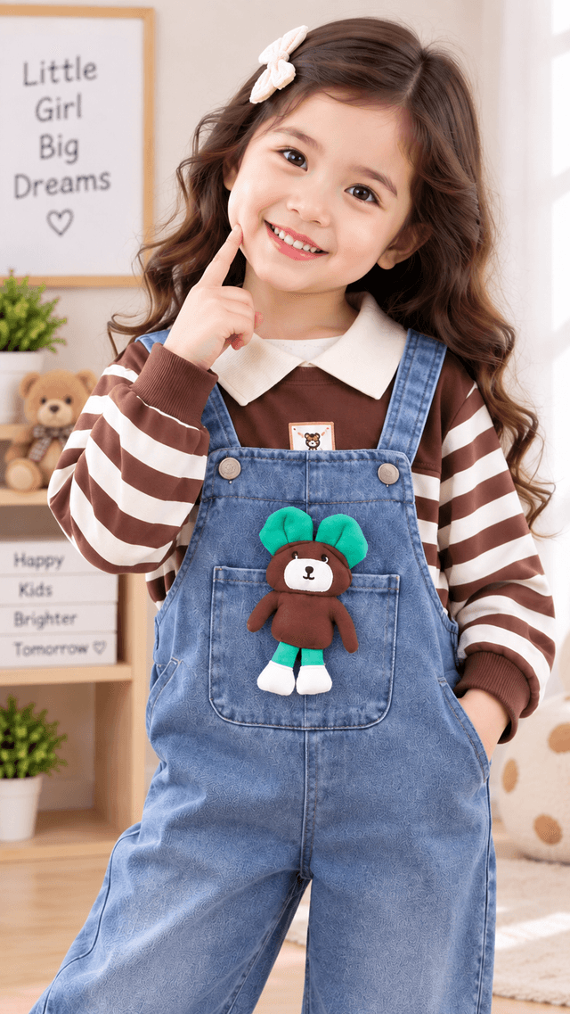 Girls Brown Striped T-Shirt with Denim Dungaree Set (SKU P15-PB-5658-BROWN)