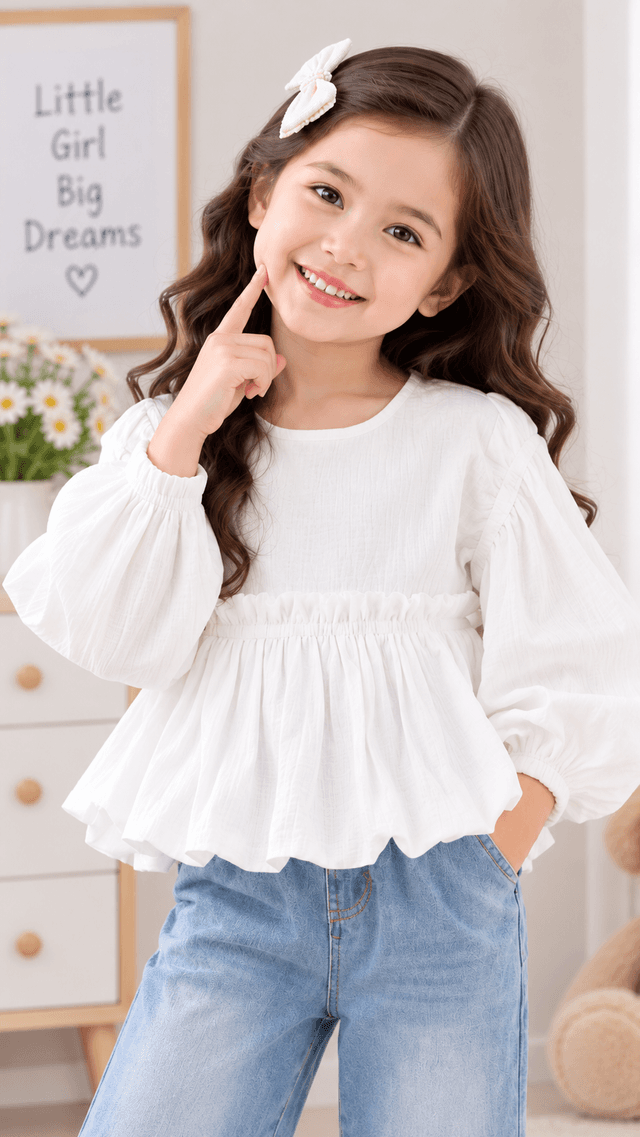 Girls White Peplum Top with Denim Jeans Set (SKU P16-PB-5630-WHITE)
