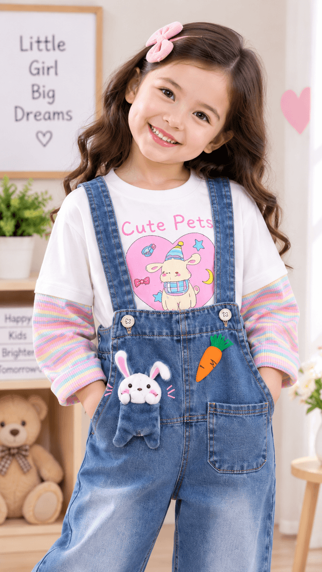 Girls White Cute Pets T-Shirt with Denim Dungaree Set (SKU P17-PB-5703-WHITE)