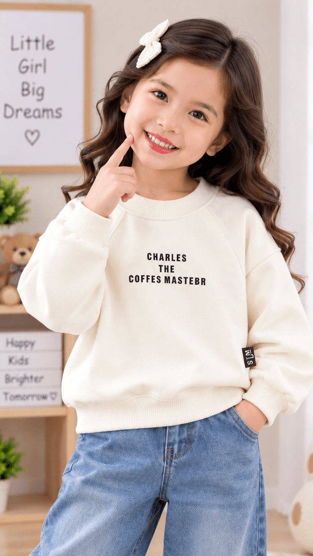 Girls Full Sleeve Printed Sweatshirt Style T-Shirt for Kids (SKU P19-PB-3750-CREAM)
