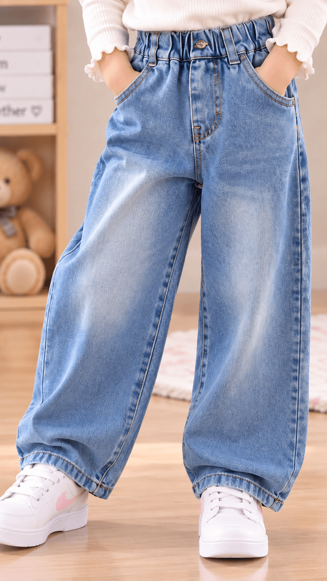 Girls Blue Wide Leg Denim Jeans with Printed Back Pocket (SKU P20-PB-4069-LBLUE)
