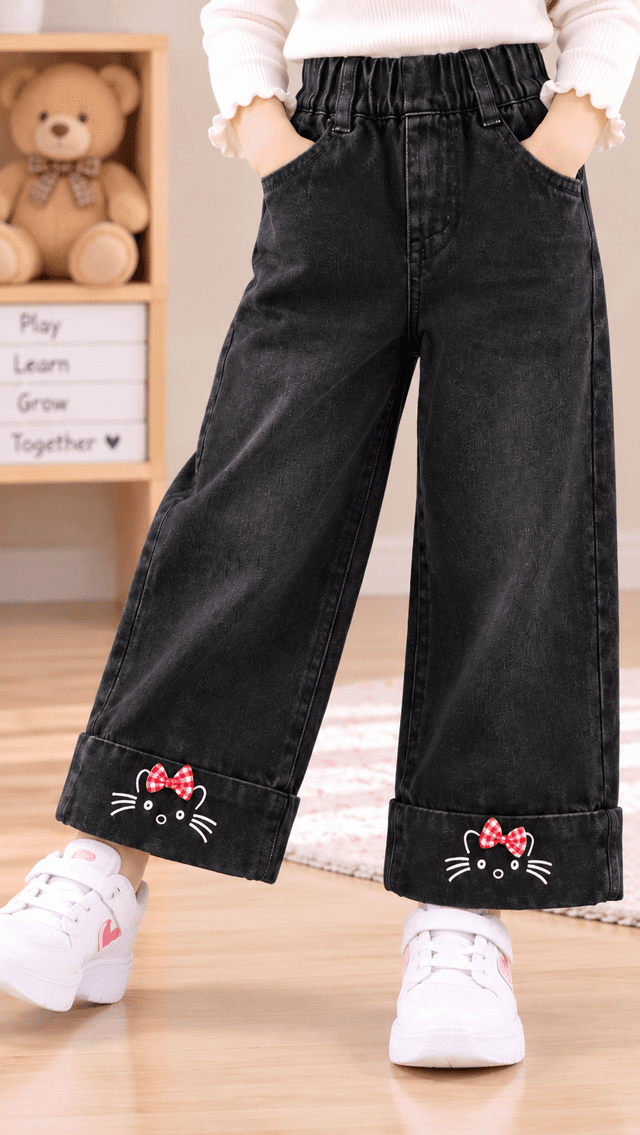 Girls Black Wide Leg Denim Jeans with Cat Embroidery Cuffs (SKU P21-PB-5477-BLACK)