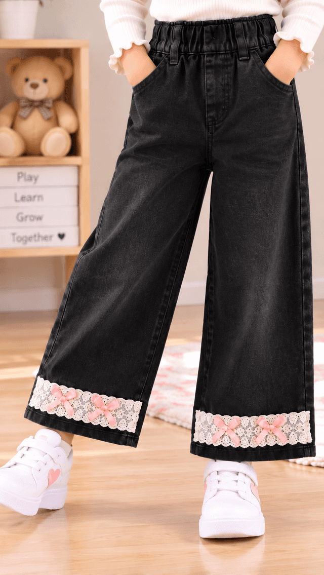 Girls Light Black Wide Leg Denim Jeans with Lace Detail (SKU P22-PB-5476-LBLACK)