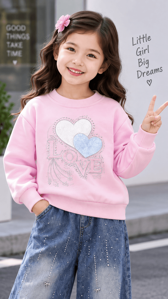 Girls Pink Love Sweatshirt with Denim Jeans Set (SKU P9-PB-5707-PINK)