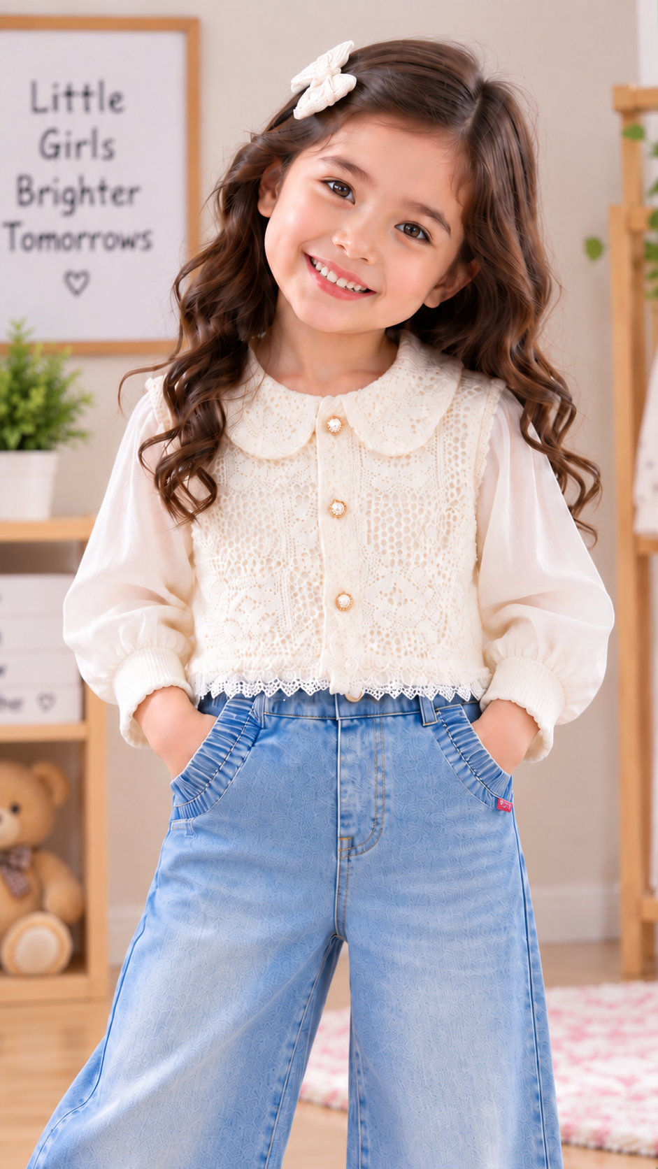Girls White Lace Vest with T-Shirt & Denim Jeans 3 Piece Set SKU P18-PB-5698-WHITE-2Y